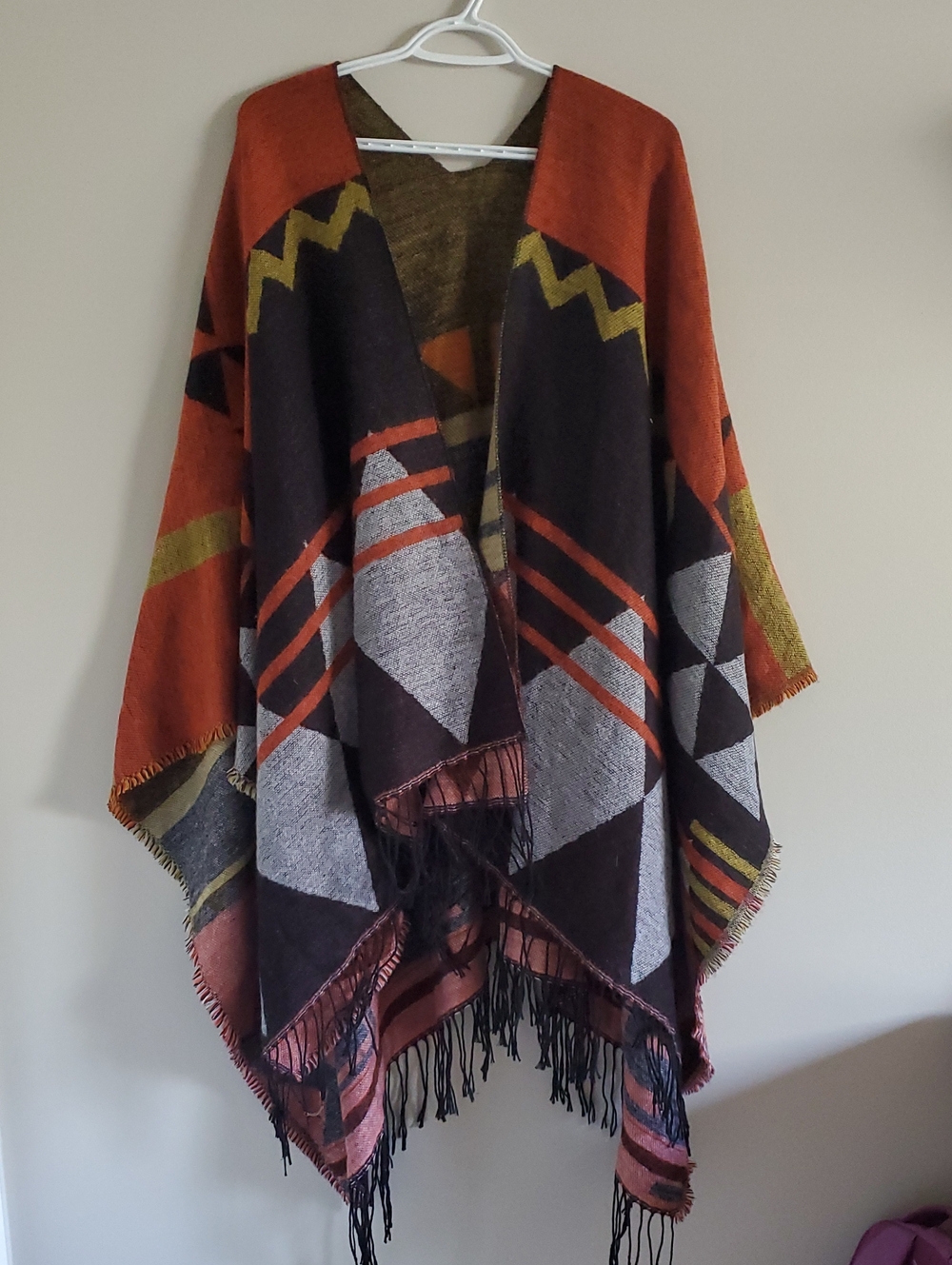 Rust & Black Geometric Fringe Poncho One Size Boho Fall Cozy Cottagecore Artsy
